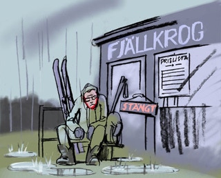 Tegning af mand i regnvejr foran svensk kro der er lukket